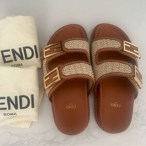 Fendi Tan and Cream Slide Sandals